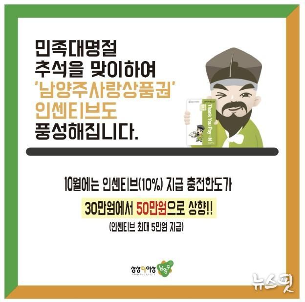 남양주사랑상품권 추석 맞아 10월 인센티브 충전 한도 50만 원으로 확대
