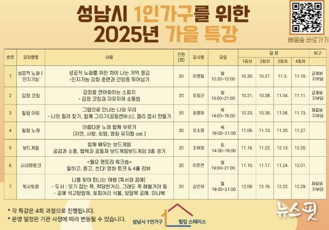 성남시, 1인가구 위한 ‘문화·정서·예술’ 7개 과목 특강 안내 리플릿