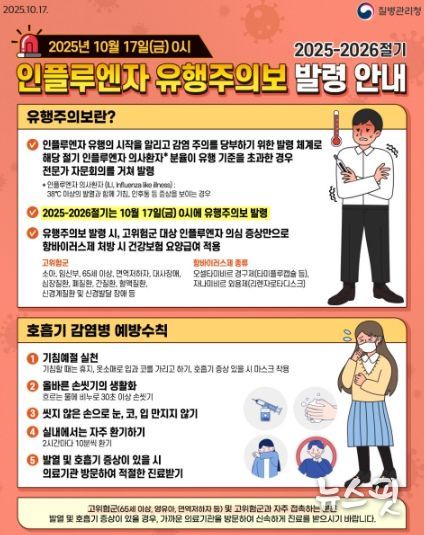 인플루엔자 유행주의보 발령 및 호흡기 감염병 예방수칙 안내문