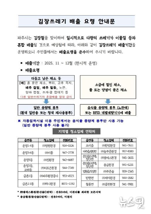 파주시, 동절기 김장 쓰레기 특별 수거 기간 운영