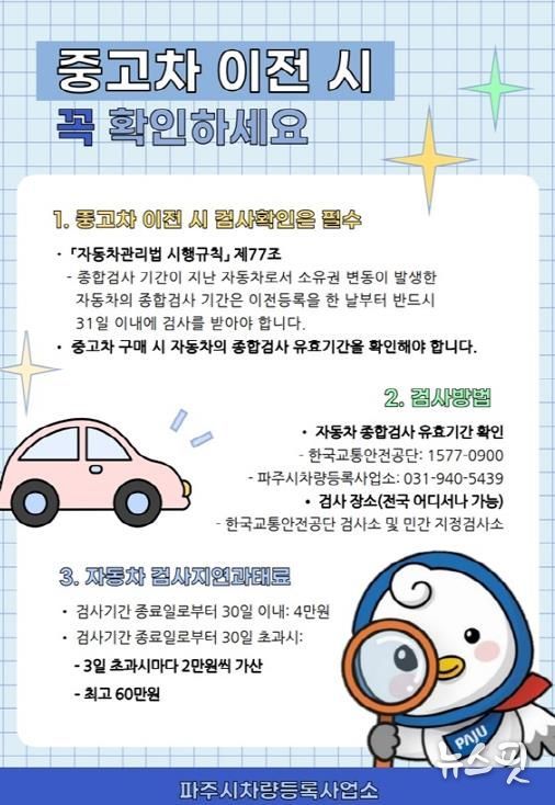 파주시 차량등록사업소, 중고차 이전등록 시 차량 취득 시점부터 종합검사 안내문을 제공해 시민 불이익 예방