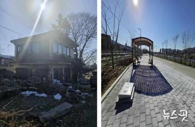 노후한 시설(사진 왼쪽)을 철거하고 새롭게 시민을 위한 수변공간(사진 오른쪽)으로 재탄생한 세심정 주변의 모습.(용인시 제공)