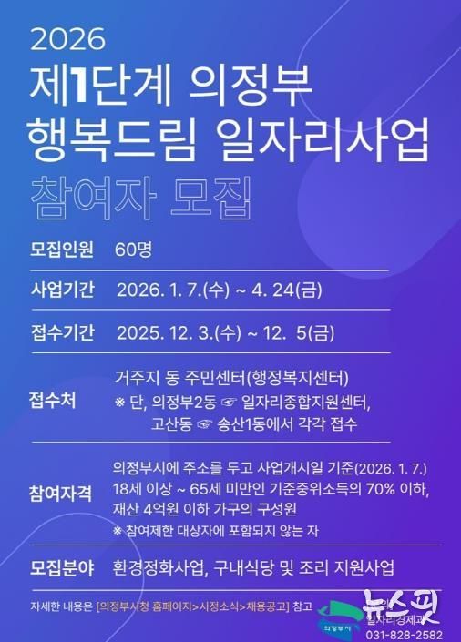 의정부시, 2026년 제1단계 의정부 행복드림 일자리사업 참여자 모집