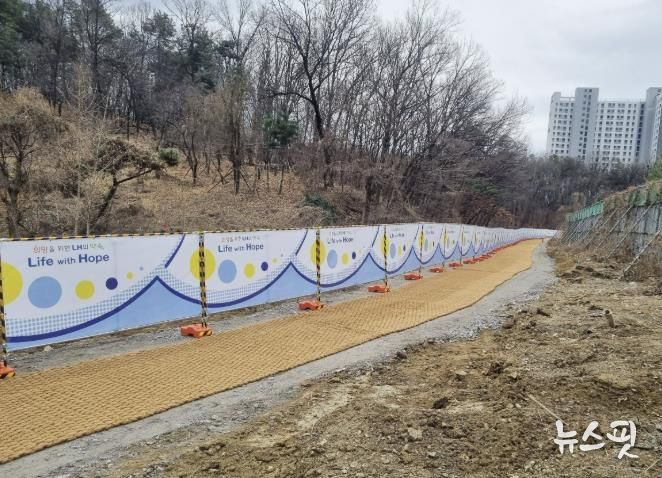 과천지식정보타운 내 근린공원 3 경계를 따라 조성한 임시 보행로 모습