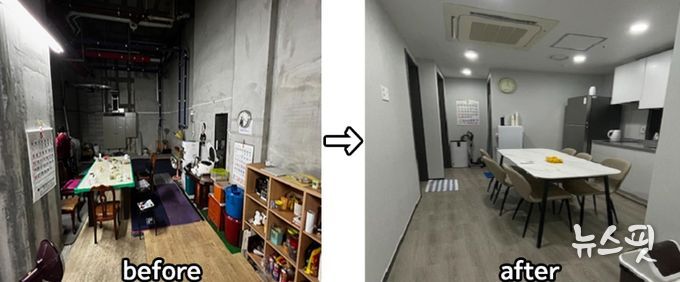 시 지원사업 추진 전 지하 피트층 설치된 경비·청소 노동자 휴게실과 개선 완료한 경비·청소 노동자 휴게실 전후사진