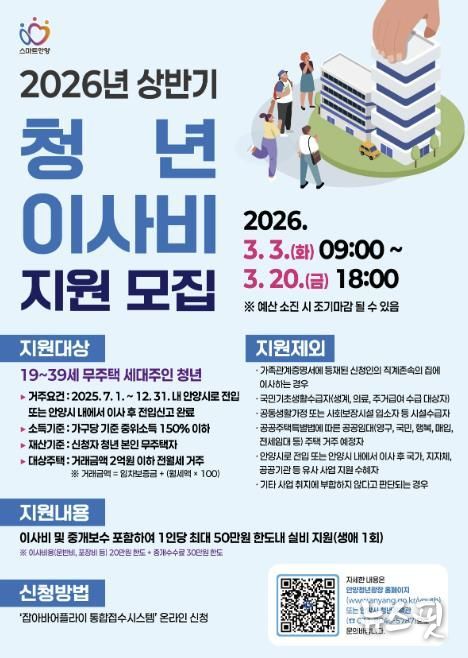 안양시, 청년가구 이사비 최대 50만원 지원…20일까지 신청 가능