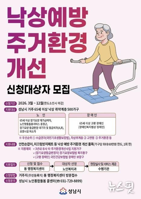 성남시, 낙상 위험 노인 500가구 주거환경 개선…3억원 투입