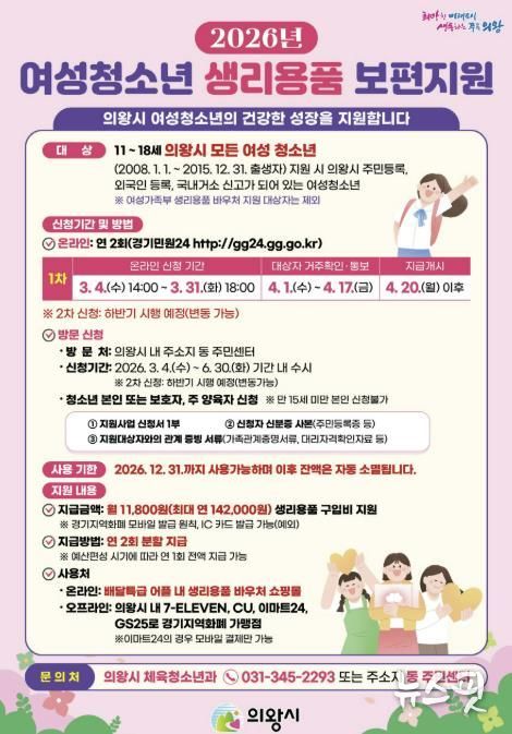 의왕시, 여성청소년 생리용품 보편지원 1차 신청 받아