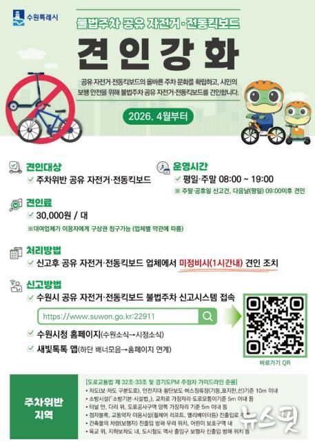 수원시 공유 전동킥보드(PM)·자전거 불법주차 신고시스템 확대 홍보물