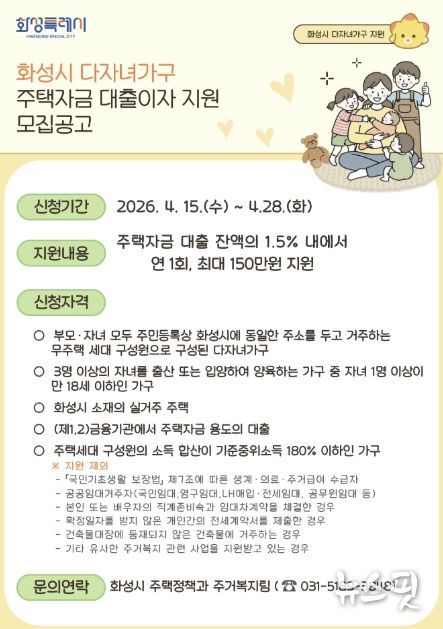 2026 화성특례시 다자녀가구 주택자금 대출이자 지원사업 홍보 포스터.(화성시 제공)