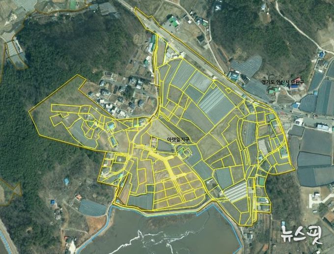 이번에 지적재조사사업이 완료된 대부도 아랫말지구 주제도.